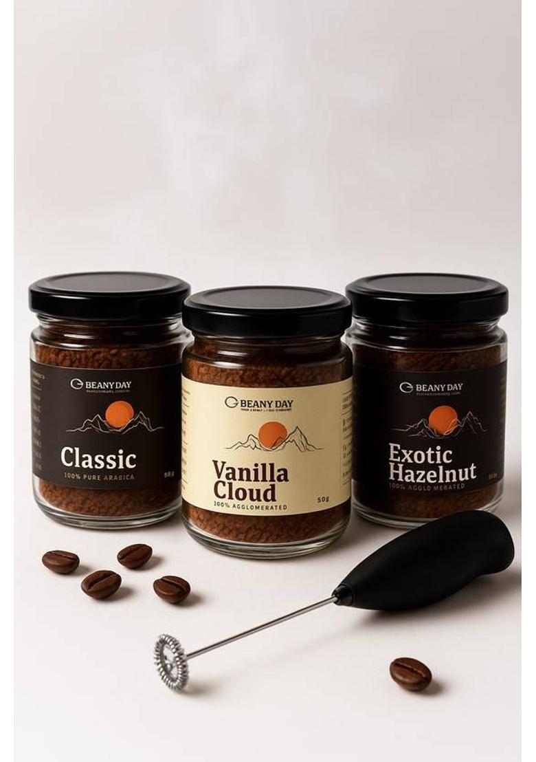 Beany Day Instant Coffee Trio Pack Of 3 – Hazelnut, Vanilla, Classic Instant Coffee (3 X 50 G)