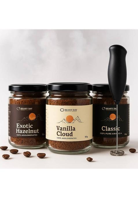 Beany Day Instant Coffee Trio Pack Of 3 – Hazelnut, Vanilla, Classic Instant Coffee (3 X 50 G)