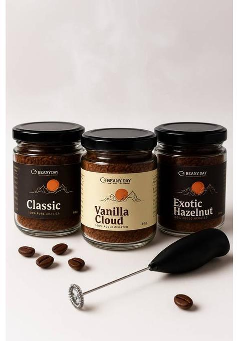 Beany Day Instant Coffee Trio Pack Of 3 – Hazelnut, Vanilla, Classic Instant Coffee (3 X 50 G)