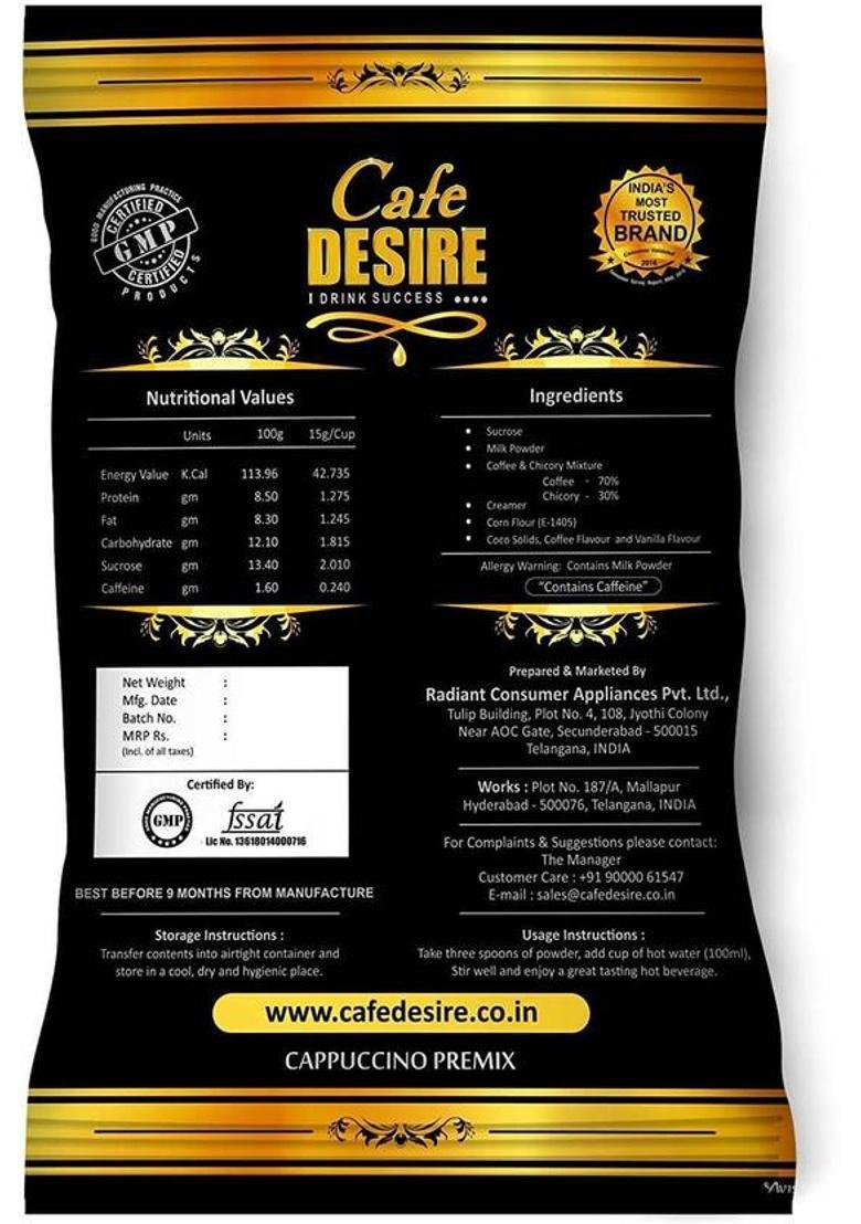 Cafe Desire Cappuccino Premix 1Kg | Makes 80 Cups | 3 In 1 | Use Manually