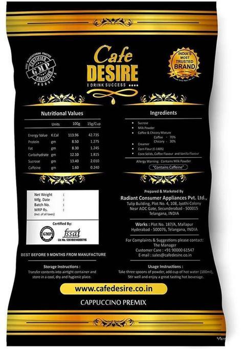 Cafe Desire Cappuccino Premix 1Kg | Makes 80 Cups | 3 In 1 | Use Manually