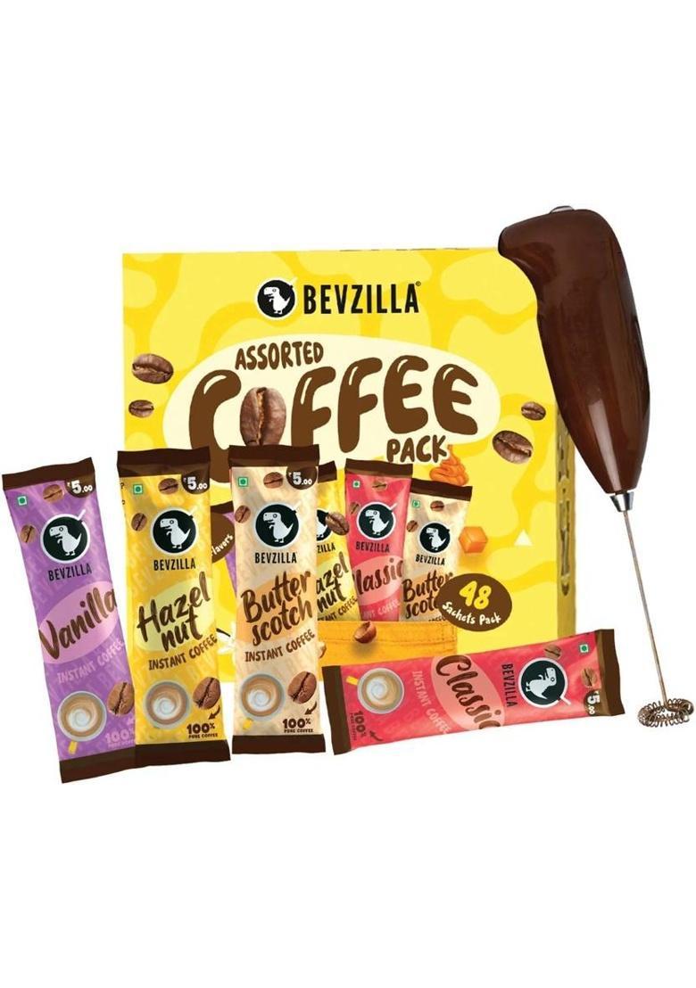Bevzilla 48 Assorted Coffee Powder Sachet With Frother |Café Coffee Kit Instant Coffee (2 X 48 G, Vanilla, Unflavoured, Butterscotch, Hazelnut Flavoured)