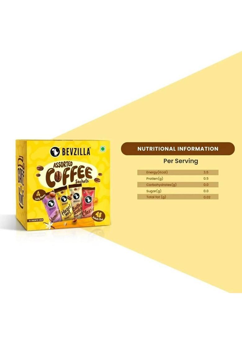 Bevzilla 48 Assorted Coffee Powder Sachet With Frother |Café Coffee Kit Instant Coffee (2 X 48 G, Vanilla, Unflavoured, Butterscotch, Hazelnut Flavoured)