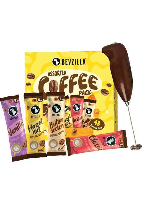 Bevzilla 48 Assorted Coffee Powder Sachet With Frother |Café Coffee Kit Instant Coffee&nbsp;&nbsp;(2 X 48 G, Vanilla, Unflavoured, Butterscotch, Hazelnut Flavoured)