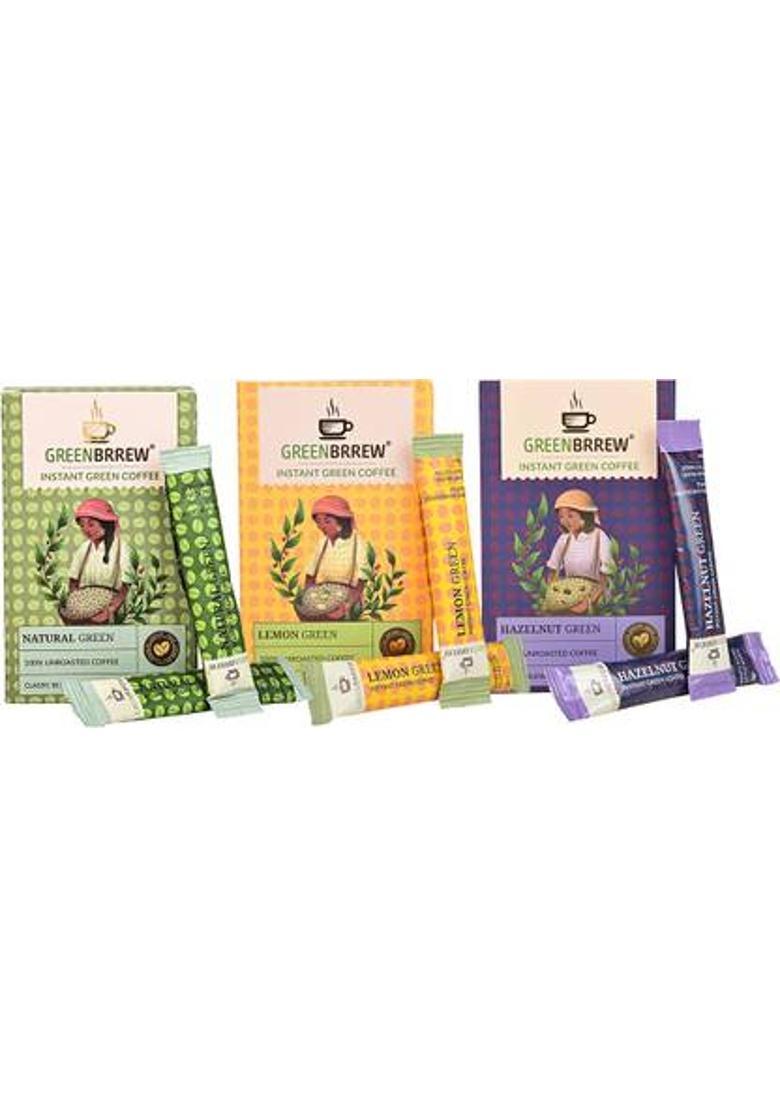 Greenbrrew Natural Green + Lemon Green + Hazelnut Green | 20 Sachets Each Instant Coffee (3 X 60 G)