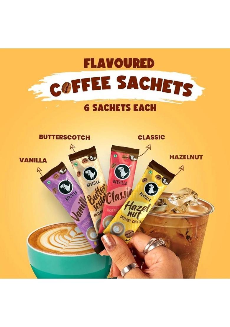 Bevzilla 24 Flavoured Coffee Sachets & Frother Cafe Coffee Kit Instant Coffee (24 X 2 G, Assorted Flavoured)