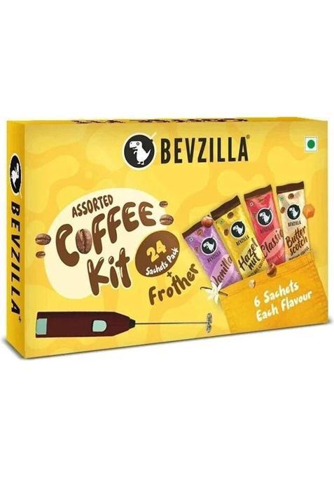 Bevzilla 24 Flavoured Coffee Sachets & Frother Cafe Coffee Kit Instant Coffee (24 X 2 G, Assorted Flavoured)