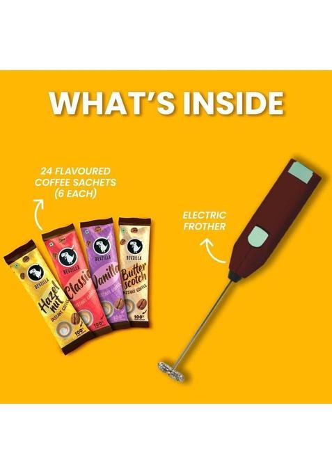 Bevzilla 24 Flavoured Coffee Sachets & Frother Cafe Coffee Kit Instant Coffee (24 X 2 G, Assorted Flavoured)