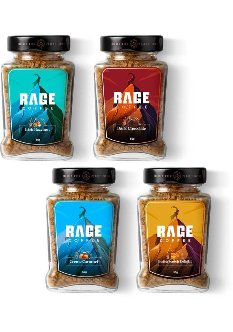 Rage Pack Of 4 Flavoured Instant Coffee (4 X 50 G, Chocolate, Caramel, Butterscotch, Hazelnut Flavoured)