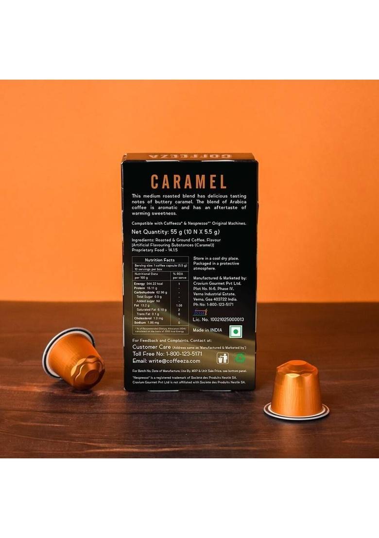 Coffeeza Caramel Flavoured Coffee Capsules Pack Of 10 Pods -Nespresso Compatible Pods Instant Coffee (10 X 5.5 G)