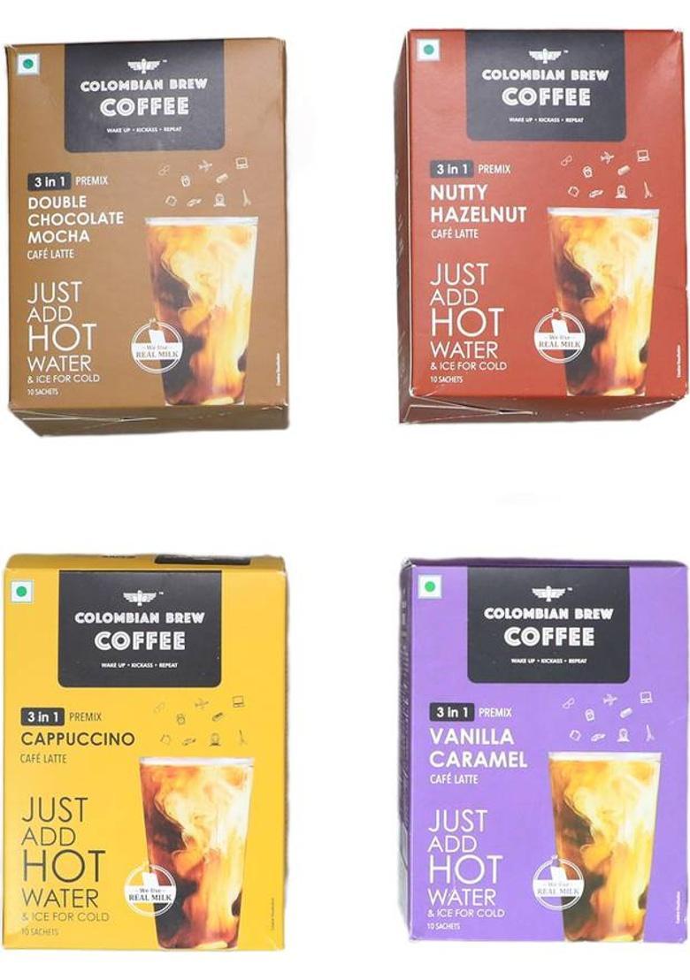 Colombian Brew Assorted Instant Coffee Café Latte, Cappuccino, Hazelnut, Vanilla Caramel, Double Choco Mocha Instant Coffee (4 X 200 G)