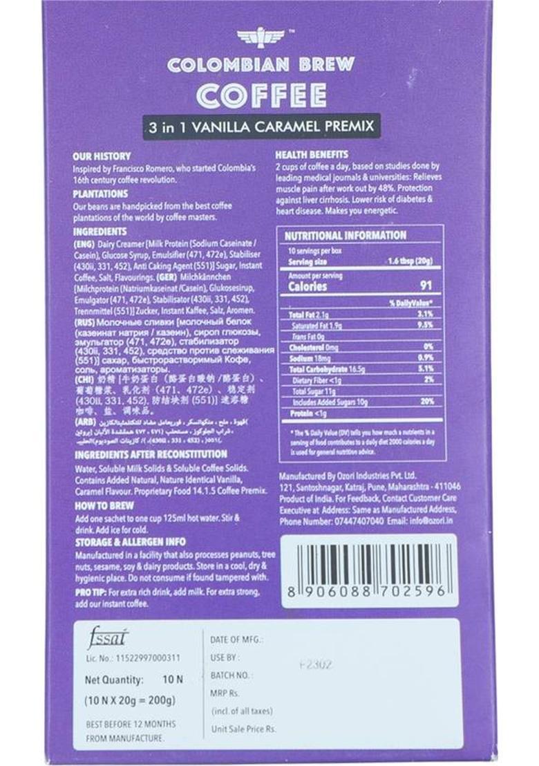 Colombian Brew Assorted Instant Coffee Café Latte, Cappuccino, Hazelnut, Vanilla Caramel, Double Choco Mocha Instant Coffee (4 X 200 G)