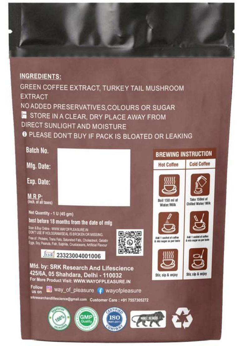 Way Of Pleasure Turkey Tail Mushroom Coffee Premix Zero Caffeine Support Gut Health Instant Coffee (45 G)