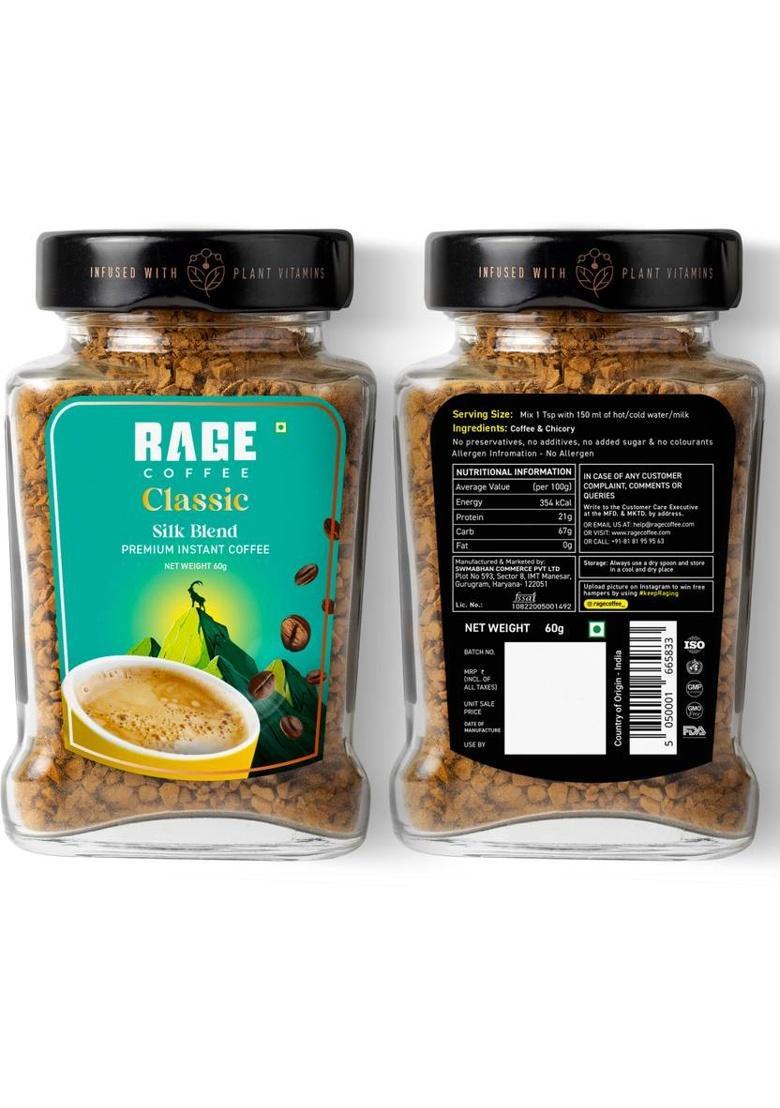 Rage Premium Silk Blend Classic (Pack Of 2) 60G Each | 100% Pure Arabica Beans Instant Coffee (2 X 60 G)