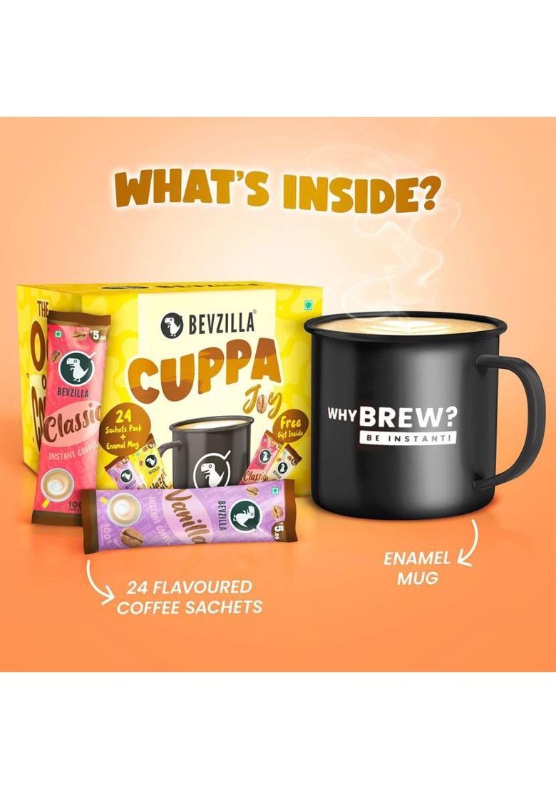 Bevzilla 24 Coffee Sachets & Enamel Mug | Makes 24 Cups|6 Sachet Each Flavour|Premium Mug Instant Coffee (24 X 2 G, Assorted Flavoured)