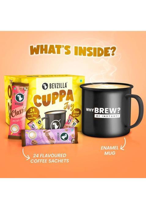 Bevzilla 24 Coffee Sachets & Enamel Mug | Makes 24 Cups|6 Sachet Each Flavour|Premium Mug Instant Coffee (24 X 2 G, Assorted Flavoured)