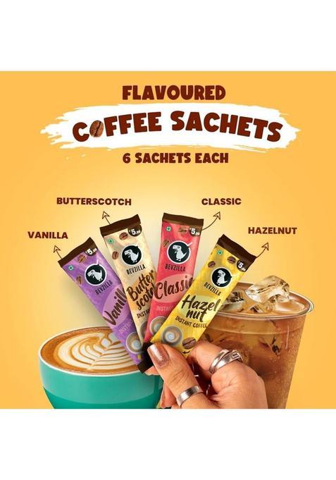 Bevzilla 24 Coffee Sachets & Enamel Mug | Makes 24 Cups|6 Sachet Each Flavour|Premium Mug Instant Coffee (24 X 2 G, Assorted Flavoured)