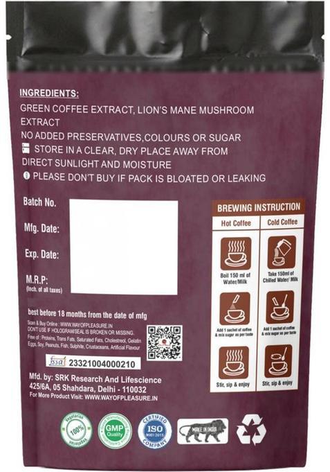 Way Of Pleasure 3-In-1 Lion'S Mane Mushroom Vanilla Coffee Zero Caffeine Good For Brain Instant Coffee (45 G, Green Coffee Flavoured)