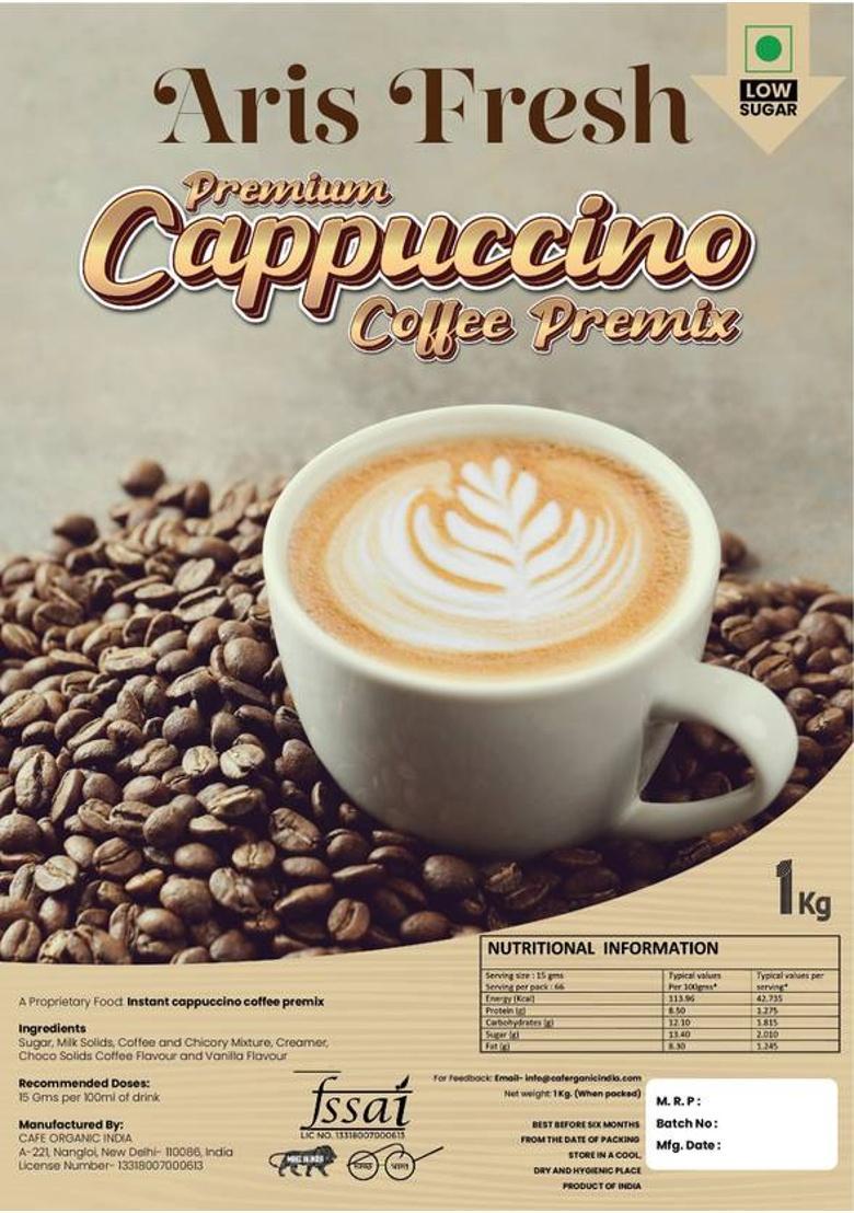 Aris Fresh Instant Cappuccino Coffee Premix | Premium Quality | Low Sugar | Make 70 Cups | Instant Coffee (1 Kg, Chocolate, Vanilla Flavoured)