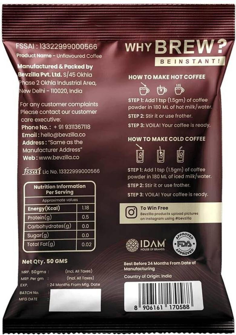 Bevzilla Premium Classic Strong Coffee Powder| 50 Grams X 2 Pouches| Enjoy Hot & Cold Instant Coffee (2 X 25 G)