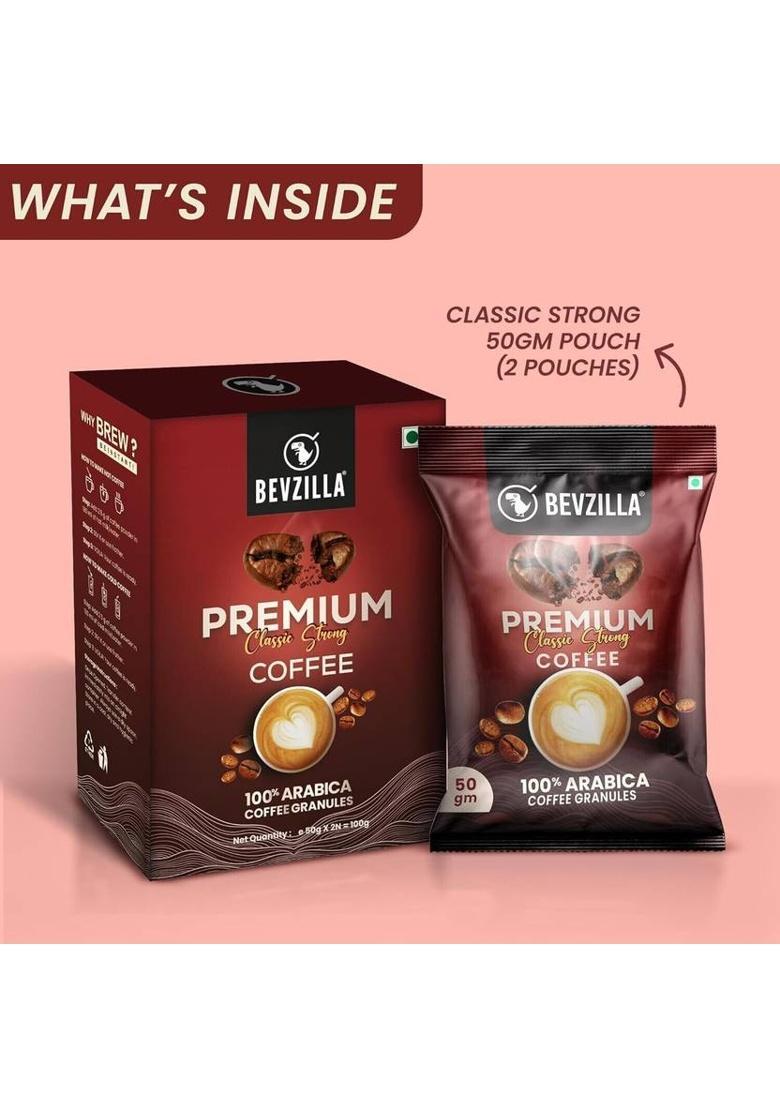 Bevzilla Premium Classic Strong Coffee Powder| 50 Grams X 2 Pouches| Enjoy Hot & Cold Instant Coffee (2 X 25 G)
