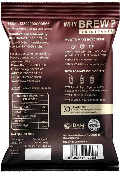 Bevzilla Premium Classic Strong Coffee Powder| 50 Grams X 2 Pouches| Enjoy Hot & Cold Instant Coffee (2 X 25 G)