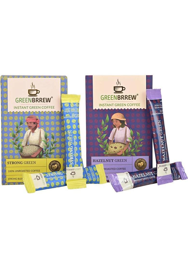 Greenbrrew Strong Green + Hazelnut Green | 100% Unroasted Coffee | 20 Sachets Each Instant Coffee (2 X 60 G)