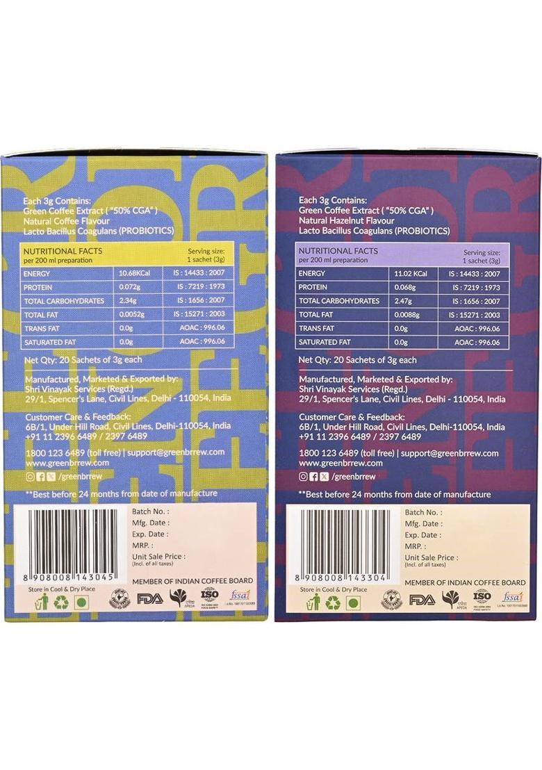 Greenbrrew Strong Green + Hazelnut Green | 100% Unroasted Coffee | 20 Sachets Each Instant Coffee (2 X 60 G)