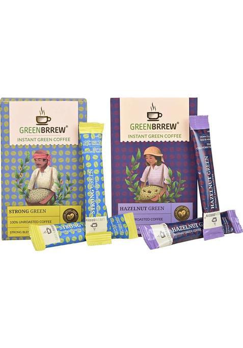 Greenbrrew Strong Green + Hazelnut Green | 100% Unroasted Coffee | 20 Sachets Each Instant Coffee (2 X 60 G)