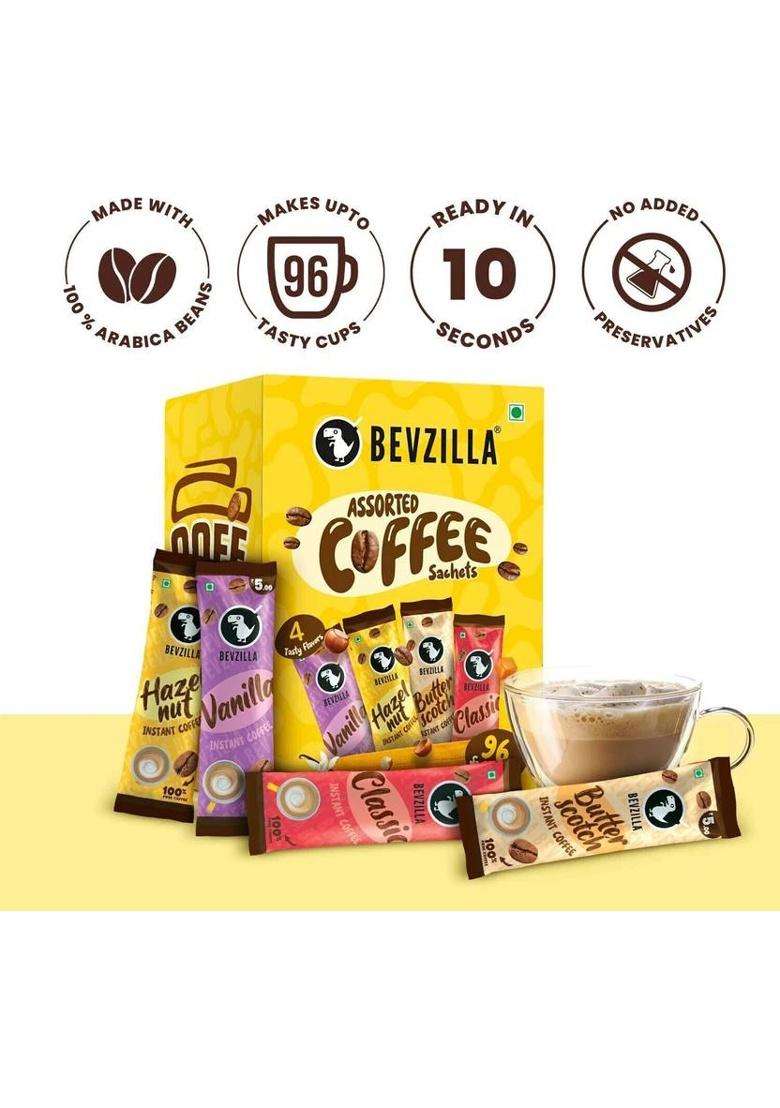 Bevzilla Powder - 96 Sachets Box Flavour,24 Sachets Each Flavour Instant Coffee&nbsp;&nbsp;(96 X 2 G, Assorted Flavoured) - Indya