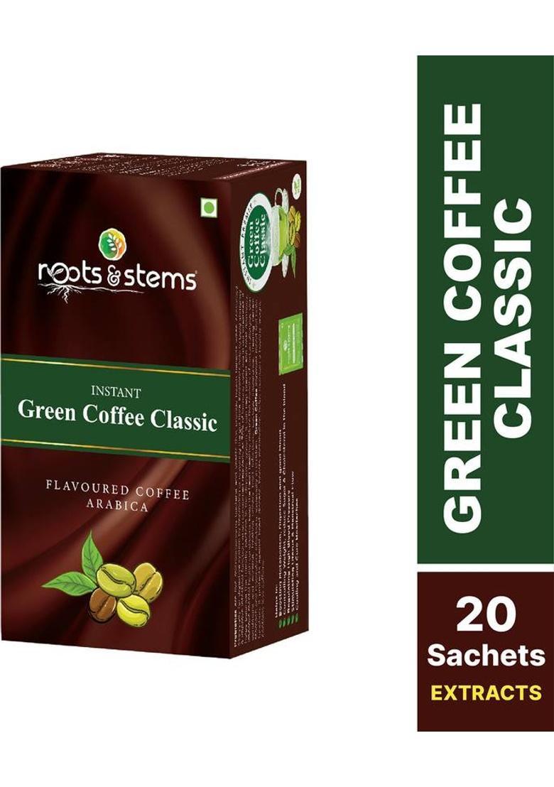 Roots & Stems Green Coffee Classic | Arabica Premix | For Weight Loss Management | 20 Sachet | Instant Coffee (60 G, Caramel Flavoured)