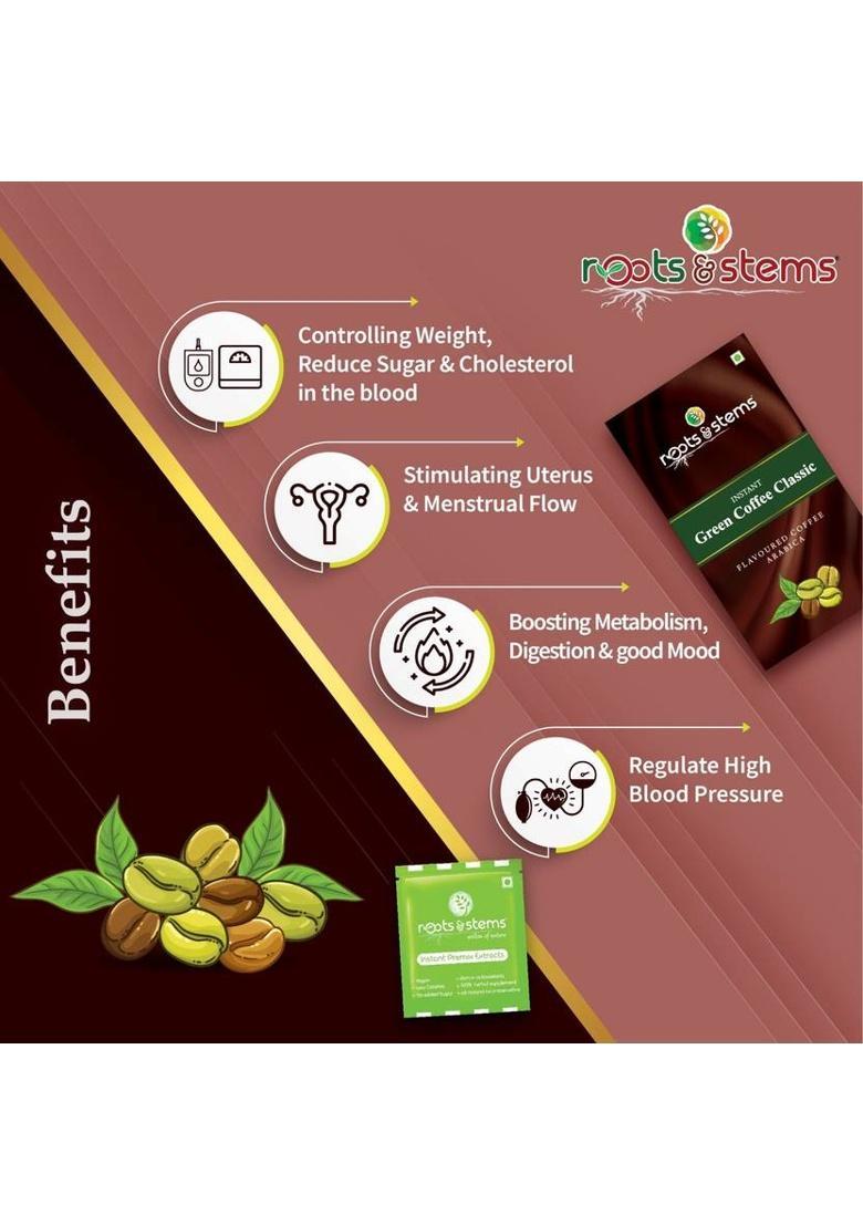 Roots & Stems Green Coffee Classic | Arabica Premix | For Weight Loss Management | 20 Sachet | Instant Coffee (60 G, Caramel Flavoured)