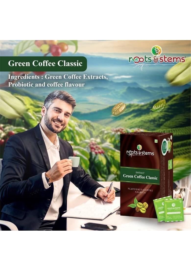 Roots & Stems Green Coffee Classic | Arabica Premix | For Weight Loss Management | 20 Sachet | Instant Coffee (60 G, Caramel Flavoured)