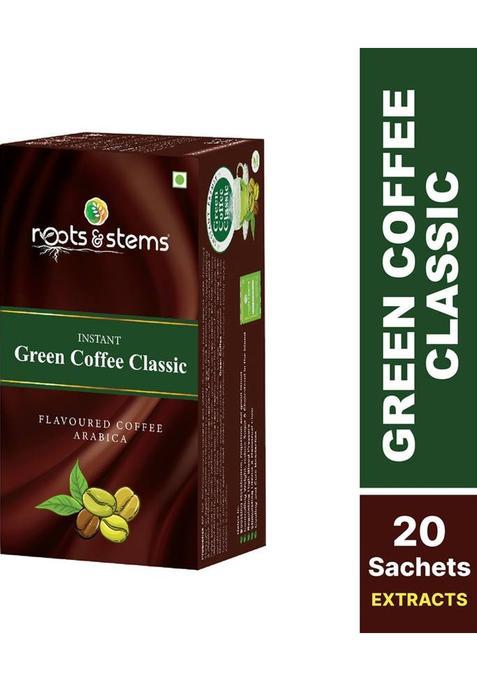 Roots & Stems Green Coffee Classic | Arabica Premix | For Weight Loss Management | 20 Sachet | Instant Coffee (60 G, Caramel Flavoured)