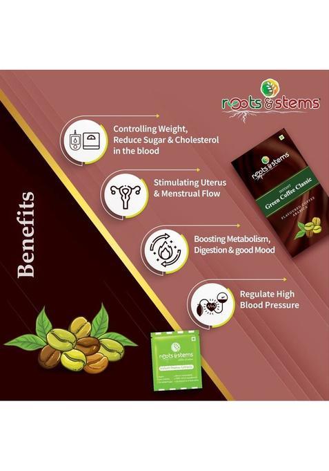Roots & Stems Green Coffee Classic | Arabica Premix | For Weight Loss Management | 20 Sachet | Instant Coffee (60 G, Caramel Flavoured)