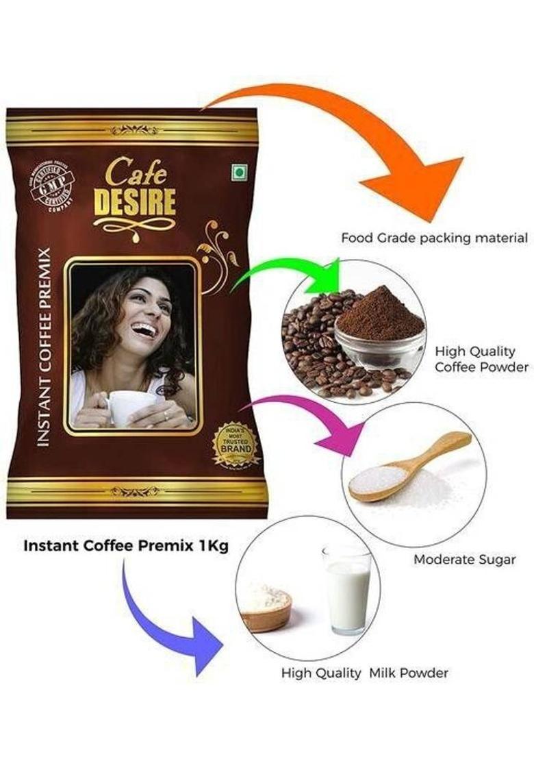 Cafe Desire Instant Coffee Premix (1 Kg) | Milk Not Required | Gmp Certified | Rich Taste As Home-Made | For Manual Use – Just Hot Water | Suitable For All Vending Machines | 3 In 1 Coffee | Makes 90 Cups Per Kg | Instant Coffee (1 Kg, Chicory Flavoured)