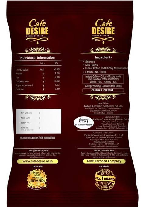 Cafe Desire Instant Coffee Premix (1 Kg) | Milk Not Required | Gmp Certified | Rich Taste As Home-Made | For Manual Use – Just Hot Water | Suitable For All Vending Machines | 3 In 1 Coffee | Makes 90 Cups Per Kg | Instant Coffee (1 Kg, Chicory Flavoured)