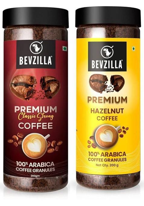 Bevzilla Instant Coffee Powder Combo- 200G Premium Classic Strong & 200G Hazelnut Instant Coffee&nbsp;&nbsp;(2 X 200 G, Unflavoured, Hazelnut Flavoured)