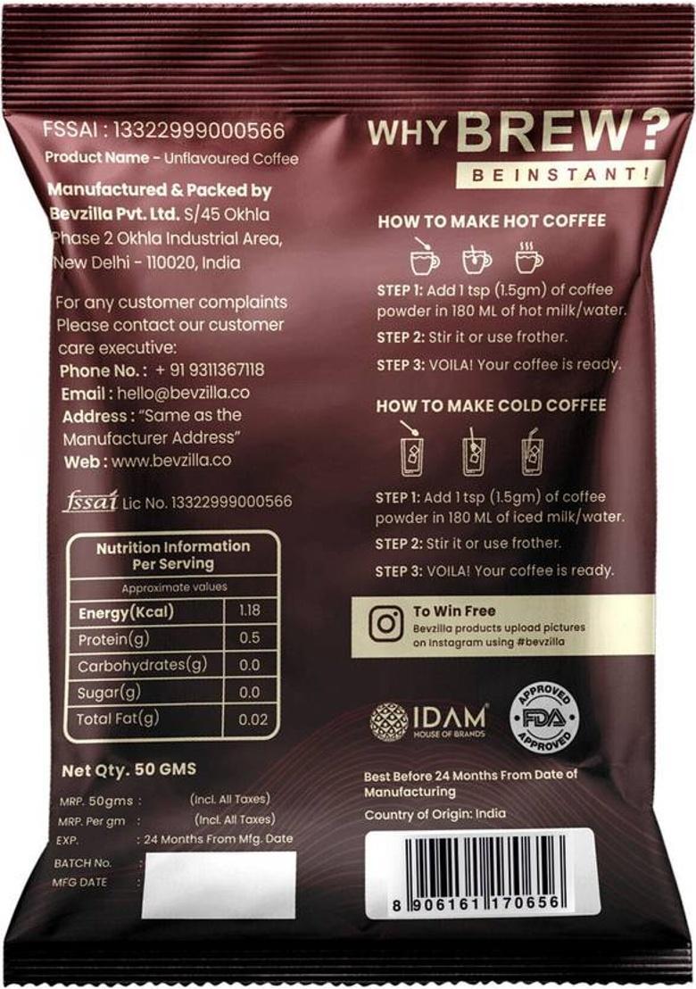 Bevzilla Pack Of 8 Classic Strong Premium Coffee Powder (400 Grams) Instant Coffee (8 X 50 G)