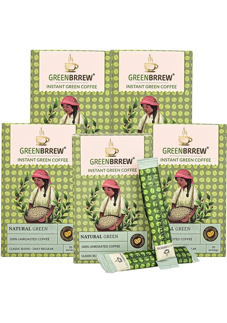 Greenbrrew Natural Green | 100% Unroasted Coffee | 20 Sachets Each Instant Coffee (5 X 60 G)