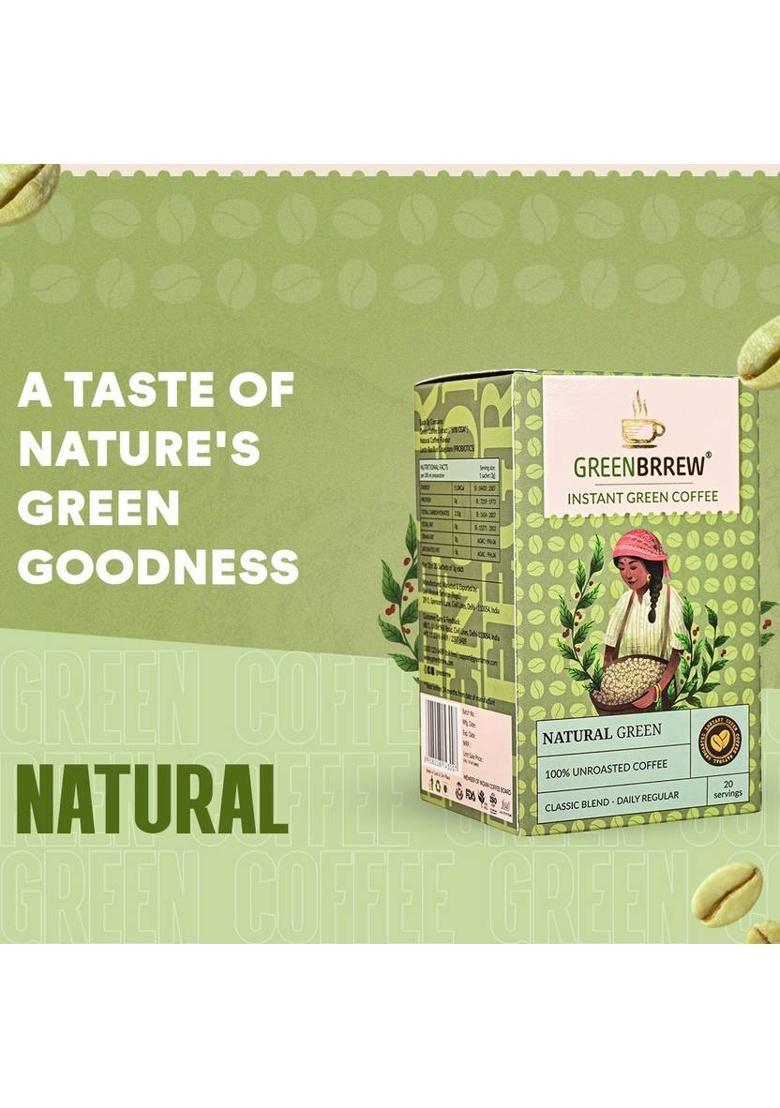 Greenbrrew Natural Green | 100% Unroasted Coffee | 20 Sachets Each Instant Coffee (5 X 60 G)