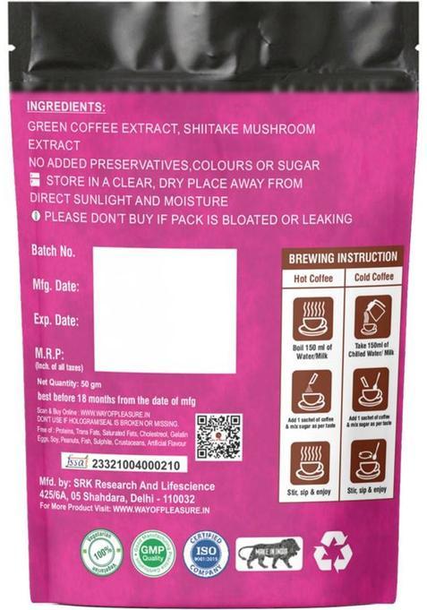 Way Of Pleasure Shiitake Mushroom Coffee Premix Zero Caffeine Healthy Heart |Control Cholesterol Instant Coffee (50 G)