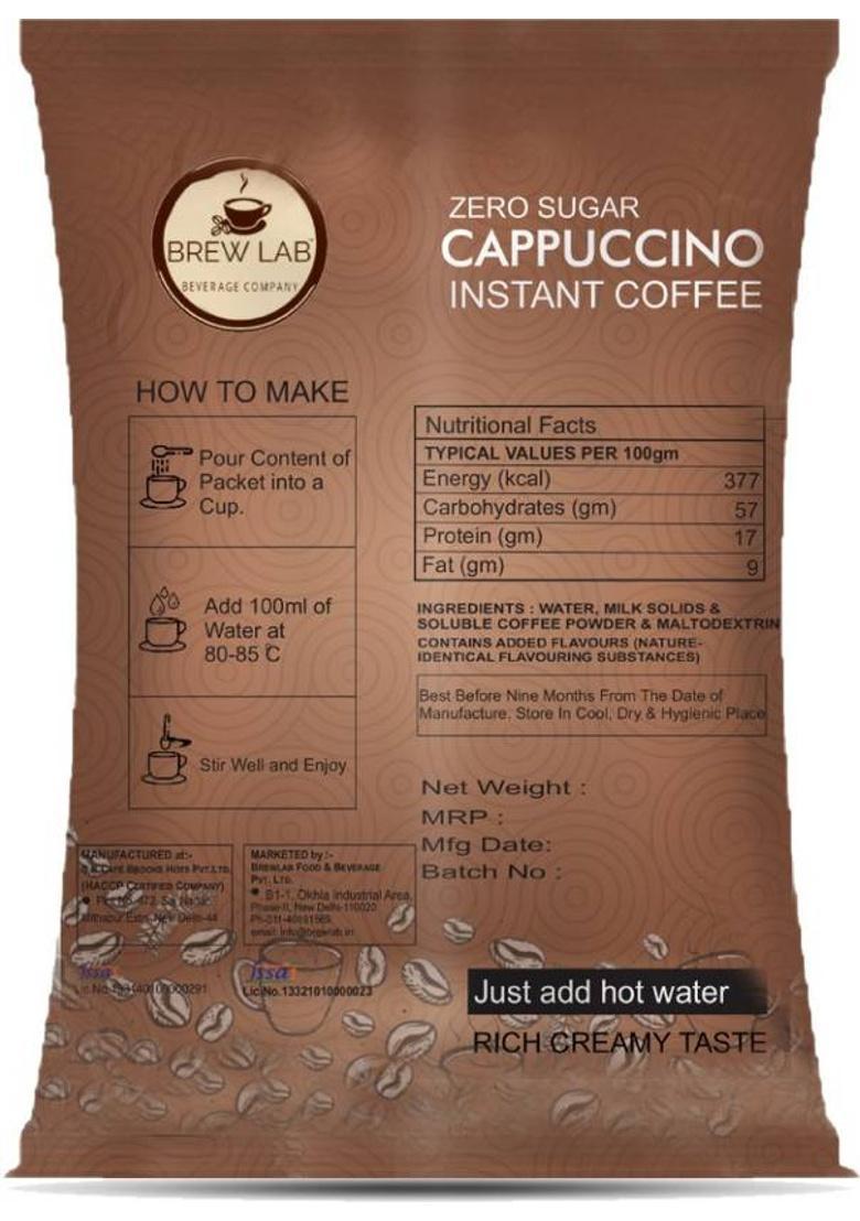 Brew Lab Instant Cappuccino Coffee Premix With Zero Sugar| 3 Steps Preparations- No Equipment Instant Coffee (1 Kg)
