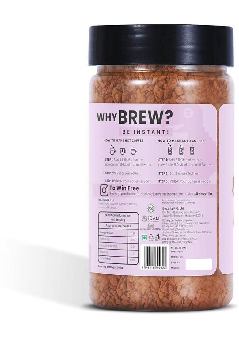 Bevzilla 75 Grams Vanilla Flavoured Instant Coffee Powder| Hot & Cold Instant Coffee (75 G, Vanilla Flavoured)
