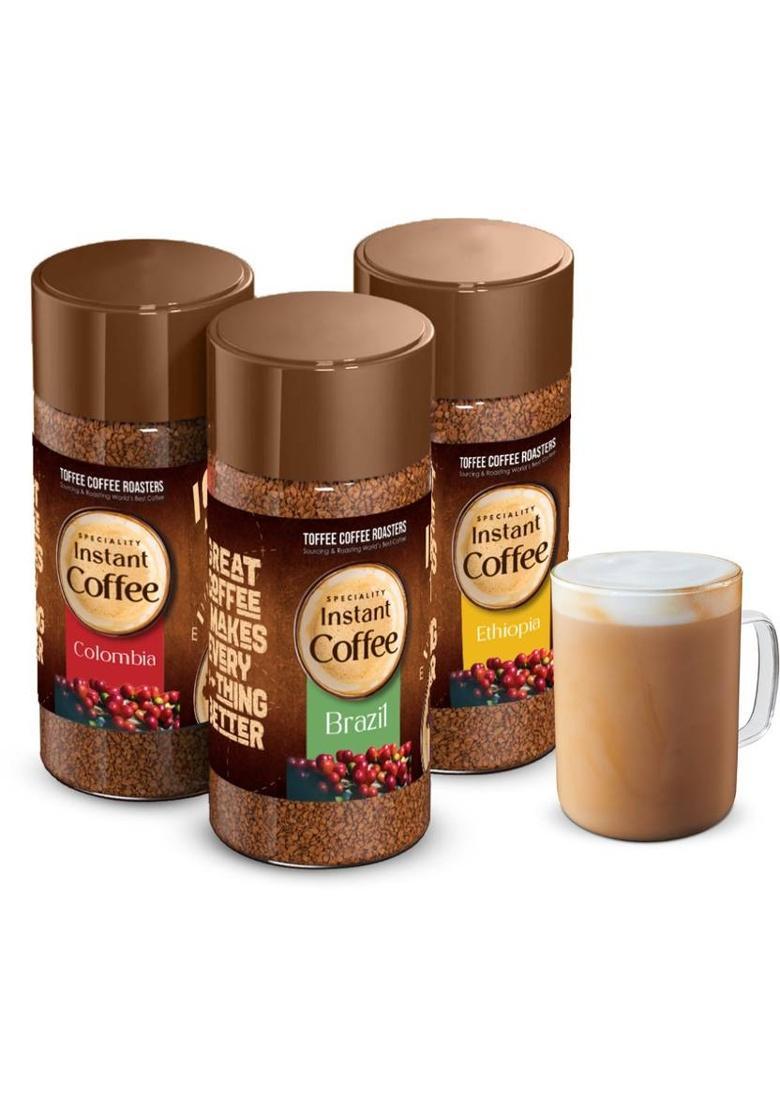 Toffee Coffee Roasters Assorted Speciality | Arabica | Ready In Seconds | Brazil, Colombia, Ethiopia Instant Coffee (3 X 50 G, Nut, Chocolate Flavoured)