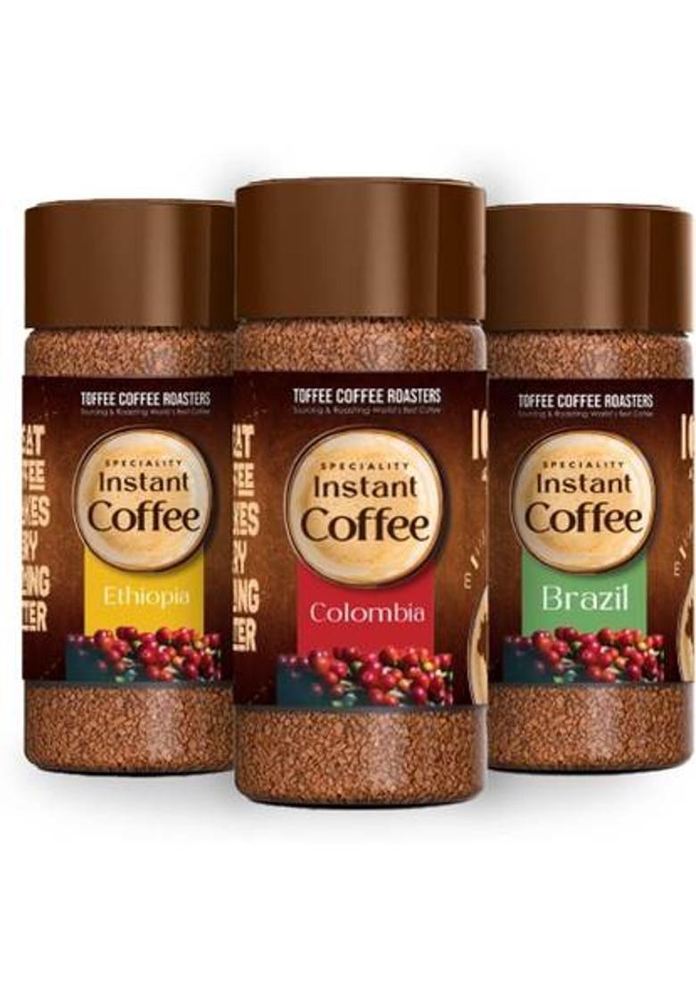 Toffee Coffee Roasters Assorted Speciality | Arabica | Ready In Seconds | Brazil, Colombia, Ethiopia Instant Coffee (3 X 50 G, Nut, Chocolate Flavoured)