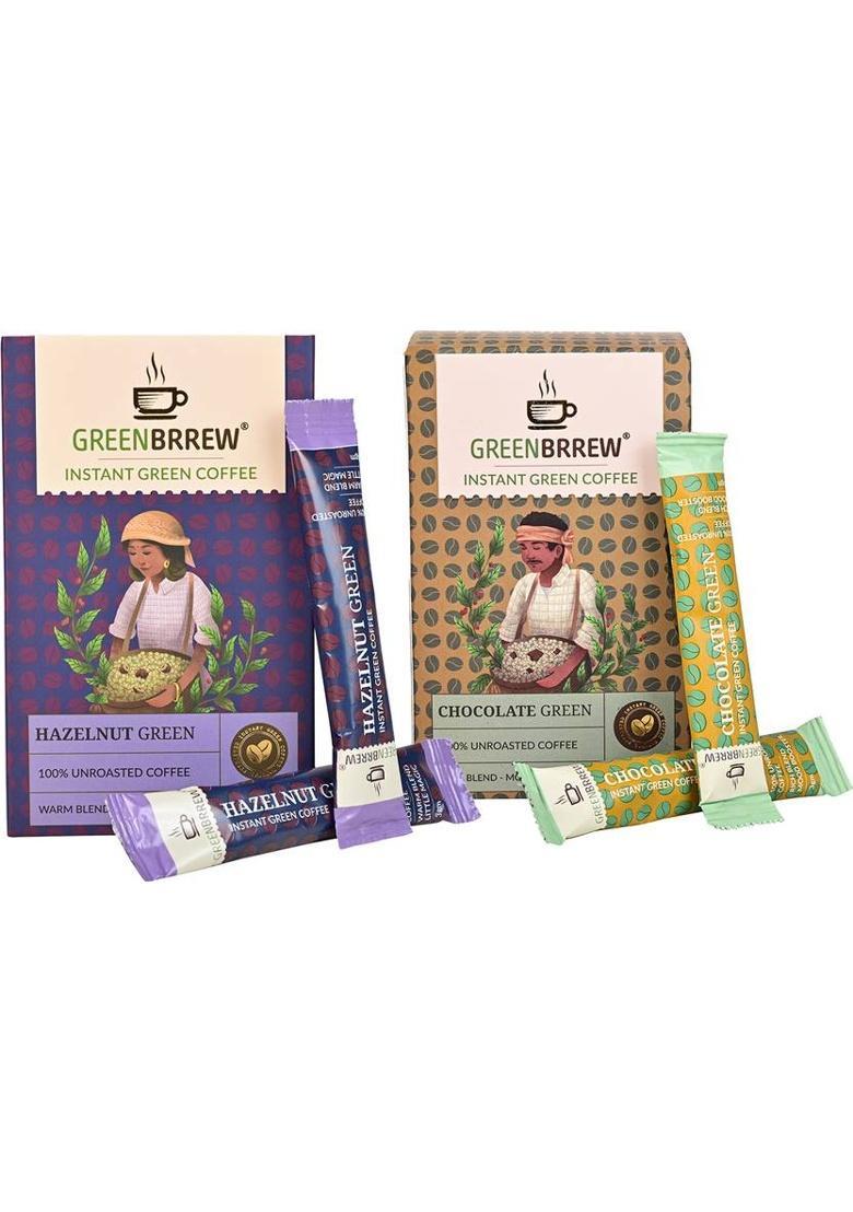 Greenbrrew Hazelnut Green + Chocolate Green | 100% Unroasted Coffee | 20 Sachets Each Instant Coffee (2 X 60 G)
