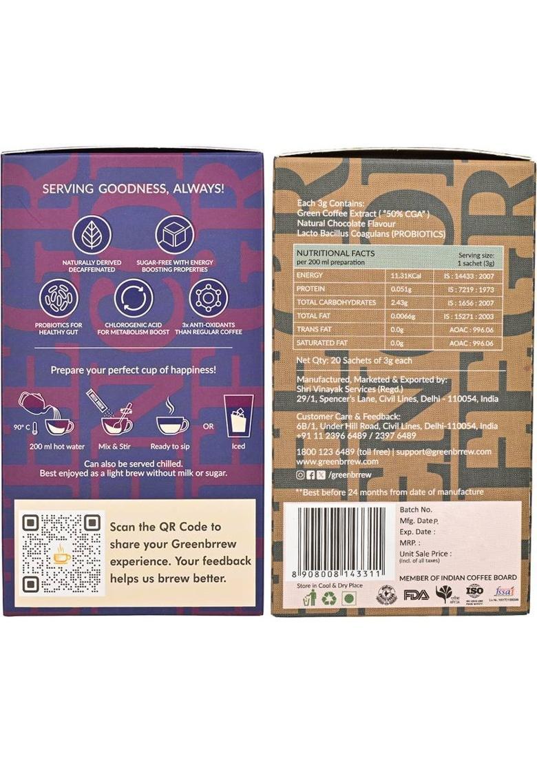 Greenbrrew Hazelnut Green + Chocolate Green | 100% Unroasted Coffee | 20 Sachets Each Instant Coffee (2 X 60 G)