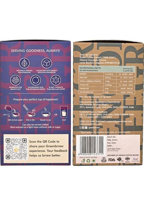 Greenbrrew Hazelnut Green + Chocolate Green | 100% Unroasted Coffee | 20 Sachets Each Instant Coffee (2 X 60 G)