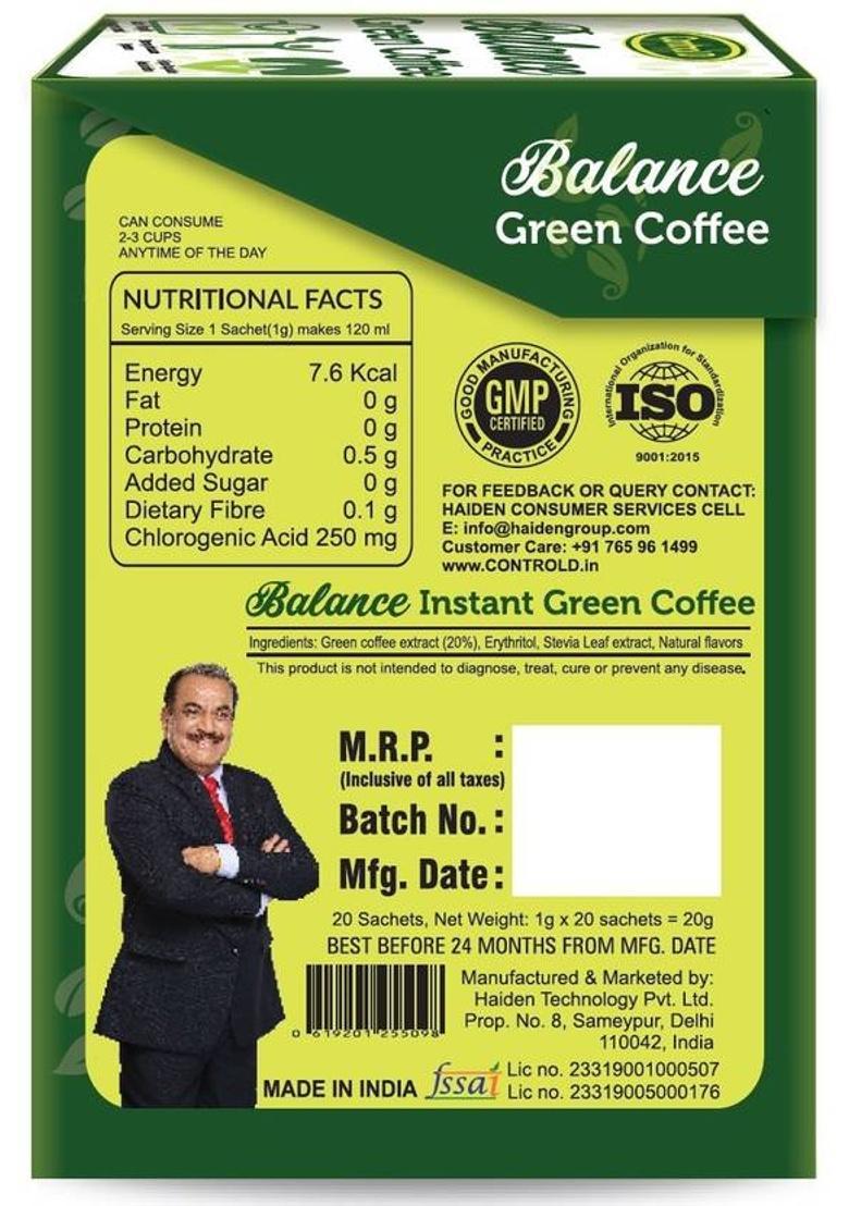Balance Green Coffee Premixed With Stevia Instant Coffee (2 X 20 G, Green Coffee Flavoured)
